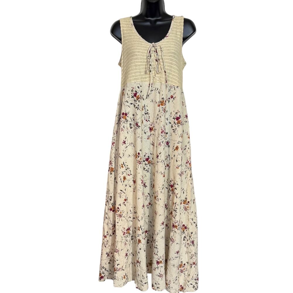 Vtg SOLO Unforgettable Rayon Linen Floral Maxi Dress M LaceUp Grunge Prairie 90s